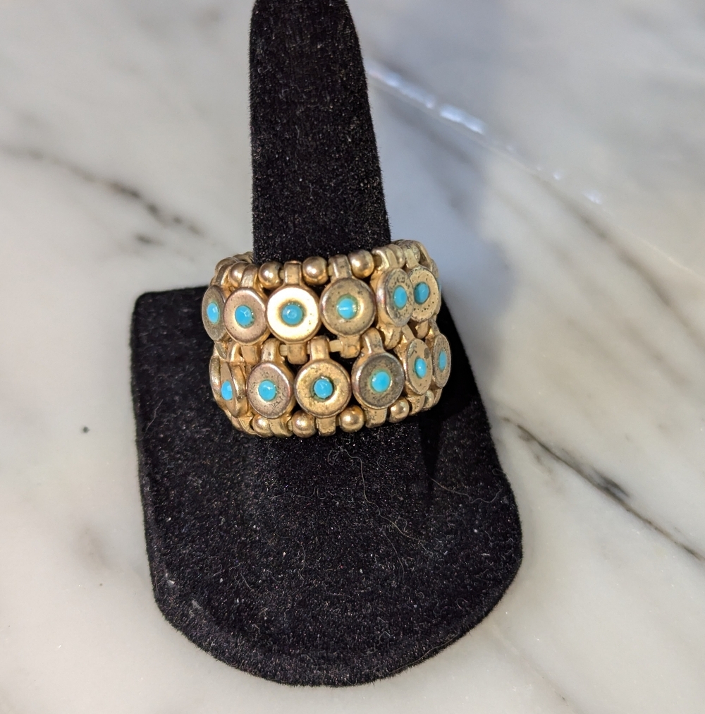Stretch Gold and Turquoise Beaded Ring
